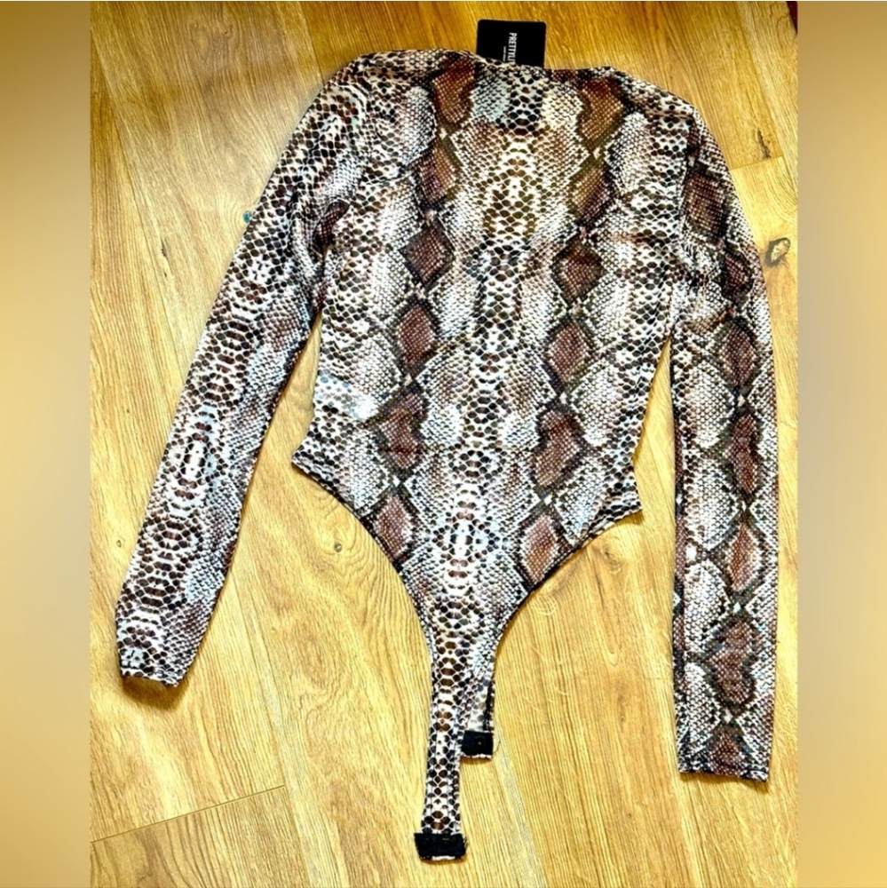NWT, Pretty Little Thing Snakeskin Print Sheer Bodysuit - Picture 2 of 8